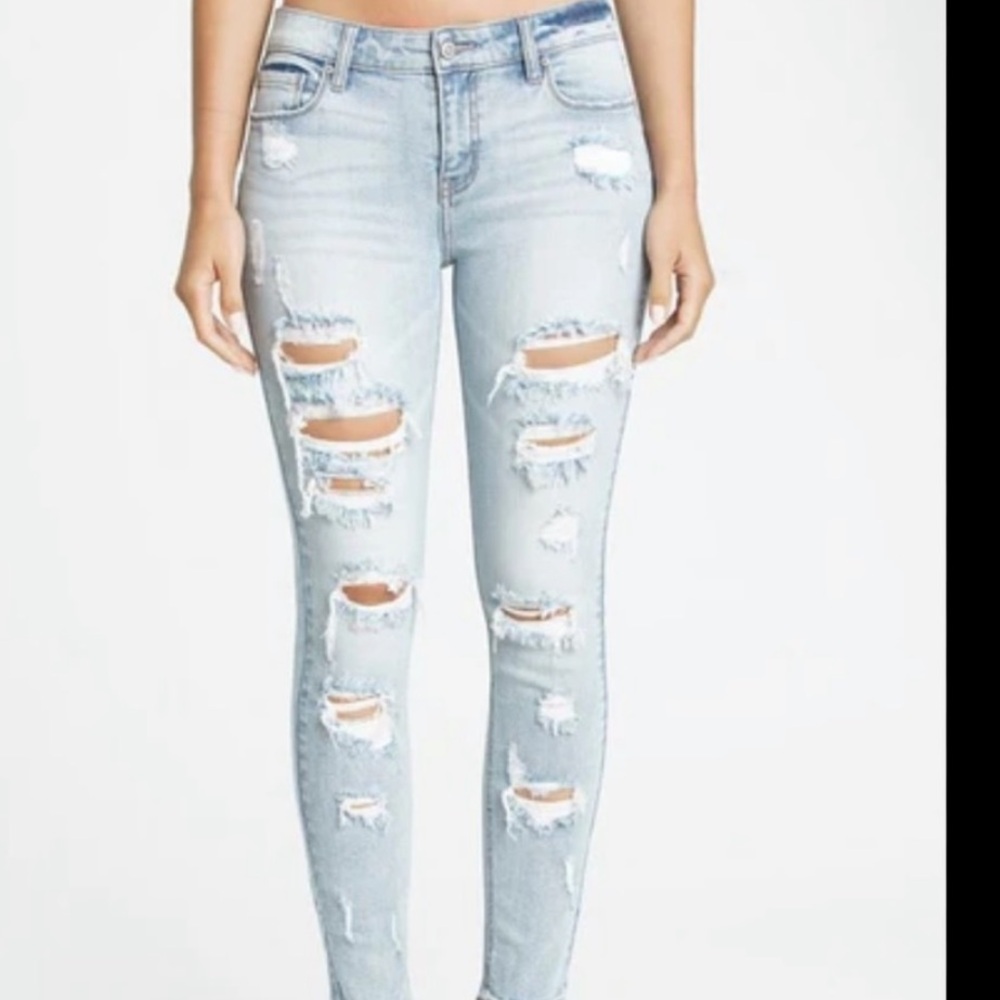 Mossimo High Rise Distressed Power Stretch Jeans Jeggings Crop Light Wash Size 6